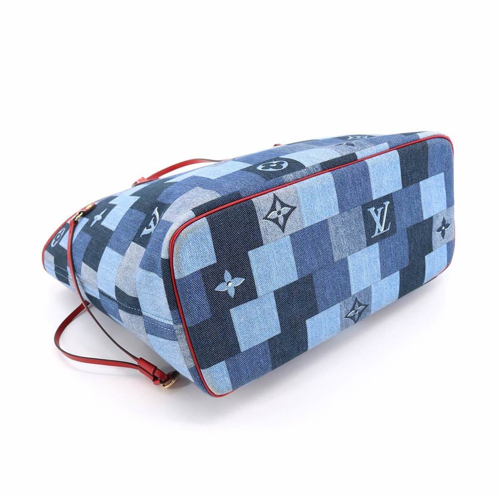 Louis Vuitton Denim Monogram Neverfull MM Tote Bag Blue Red - Picture 4 of 6
